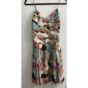 Spaghetti Strap Dress Womens Medium 100% Silk Floral Roses Pink Blue Gold Design